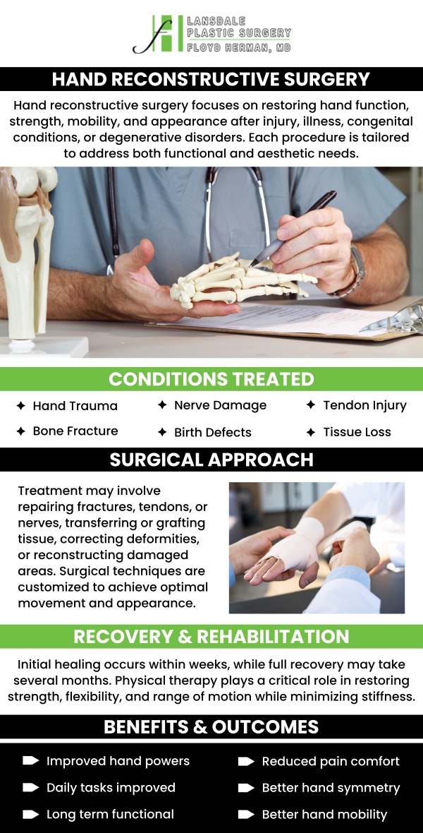 Hand reconstructive surgery at Lansdale Plastic Surgery, led by Dr. Floyd Herman, MD, provides specialized care for patients with hand injuries or deformities. Dr. Herman uses advanced techniques to restore hand function, improve mobility, and enhance the appearance of the hand. For more information, contact us today or book an appointment online. We are conveniently located at 2405 North Broad Street, Colmar, PA 18915.
