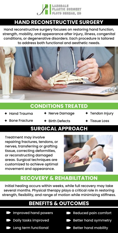 Hand reconstructive surgery at Lansdale Plastic Surgery, led by Dr. Floyd Herman, MD, provides specialized care for patients with hand injuries or deformities. Dr. Herman uses advanced techniques to restore hand function, improve mobility, and enhance the appearance of the hand. For more information, contact us today or book an appointment online. We are conveniently located at 2405 North Broad Street, Colmar, PA 18915.