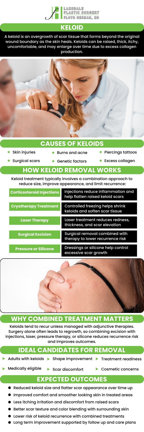 Common questions asked by clients: What causes a keloid? Do keloids stop growing? Can keloids be removed permanently? How much does it cost to get a keloid removed? For more information, contact us today or book an appointment online. Visit us online now to meet your team! We are conveniently located at 2405 North Broad Street, Colmar, PA 18915. We serve clients from Colmar PA, Montgomeryville PA, Lansdale PA, Skippack PA, Harleysville PA, Hatfield PA, Blue Bell PA, and surrounding areas!