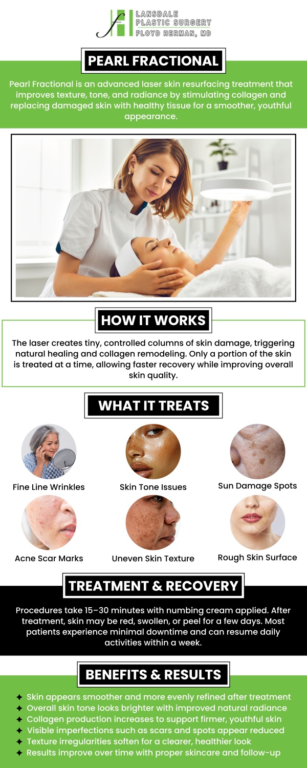 Pearl Fractional Laser is a targeted, fractional, ablative laser treatment designed to rejuvenate aging and sun-damaged skin by addressing fine lines, deep wrinkles, and uneven texture. This advanced laser therapy promotes new collagen growth deep within the dermis, resulting in a smoother, more youthful complexion with noticeable improvements after just one treatment. Floyd Herman offers pearl fraction laser treatment at Lansdale Plastic Surgery. For more information, contact us or request an appointment online. We are conveniently located at 2405 North Broad Street, Colmar, PA 18915.