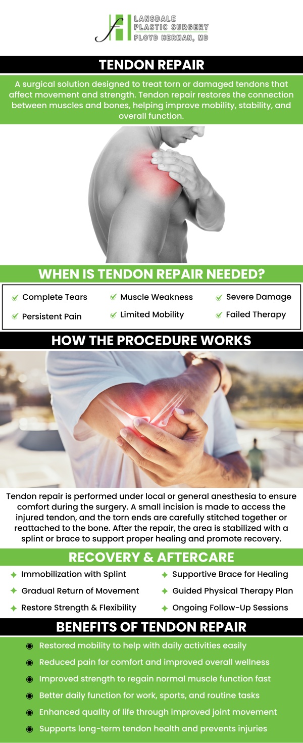 Tendon repair surgery can significantly enhance functionality and relieve pain in damaged tendons, improving your overall quality of life. At Lansdale Plastic Surgery, we specialize in advanced tendon repair techniques, including minimally invasive options, to ensure a quicker recovery and optimal results customized to your individual needs. Our experienced team is dedicated to providing personalized care, helping you regain strength and mobility effectively. For more information, contact us today or book an appointment online. Visit us online now to meet your team! We are conveniently located at 2405 North Broad Street, Colmar, PA 18915.