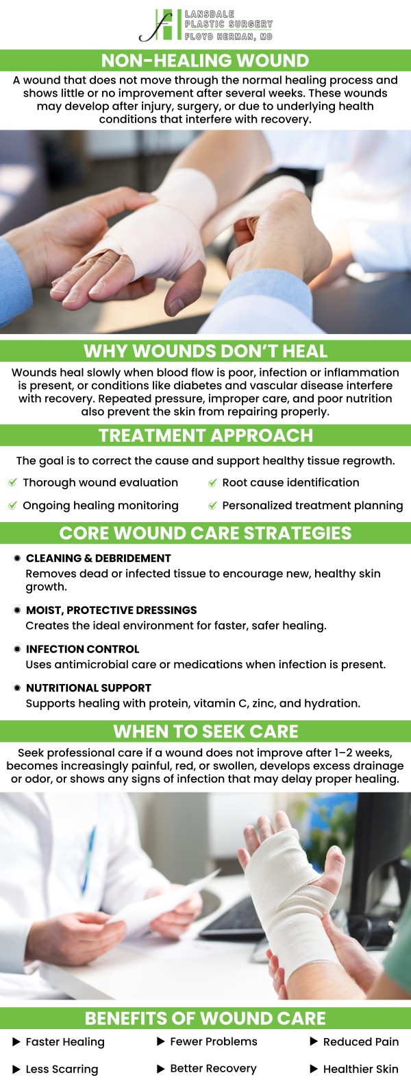 At Lansdale Plastic Surgery, Dr. Floyd Herman, MD, specializes in the treatment of non-healing wounds. Using advanced, personalized techniques, Dr. Herman addresses chronic wounds that resist traditional healing methods. His approach combines medical expertise and cutting-edge treatments to promote healing and restore skin integrity. Whether caused by injury, surgery, or other conditions, Dr. Herman and his team provide comprehensive care to help you achieve faster, more effective recovery. Trust our experts to guide you through the healing process with the best possible care. For more information, contact us today or book an appointment online. We are conveniently located at 2405 North Broad Street, Colmar, PA 18915. At Lansdale Plastic Surgery, Dr. Floyd Herman, MD, specializes in the treatment of non-healing wounds. Using advanced, personalized techniques, Dr. Herman addresses chronic wounds that resist traditional healing methods. His approach combines medical expertise and cutting-edge treatments to promote healing and restore skin integrity. Whether caused by injury, surgery, or other conditions, Dr. Herman and his team provide comprehensive care to help you achieve faster, more effective recovery. Trust our experts to guide you through the healing process with the best possible care. For more information, contact us today or book an appointment online. We are conveniently located at 2405 North Broad Street, Colmar, PA 18915.