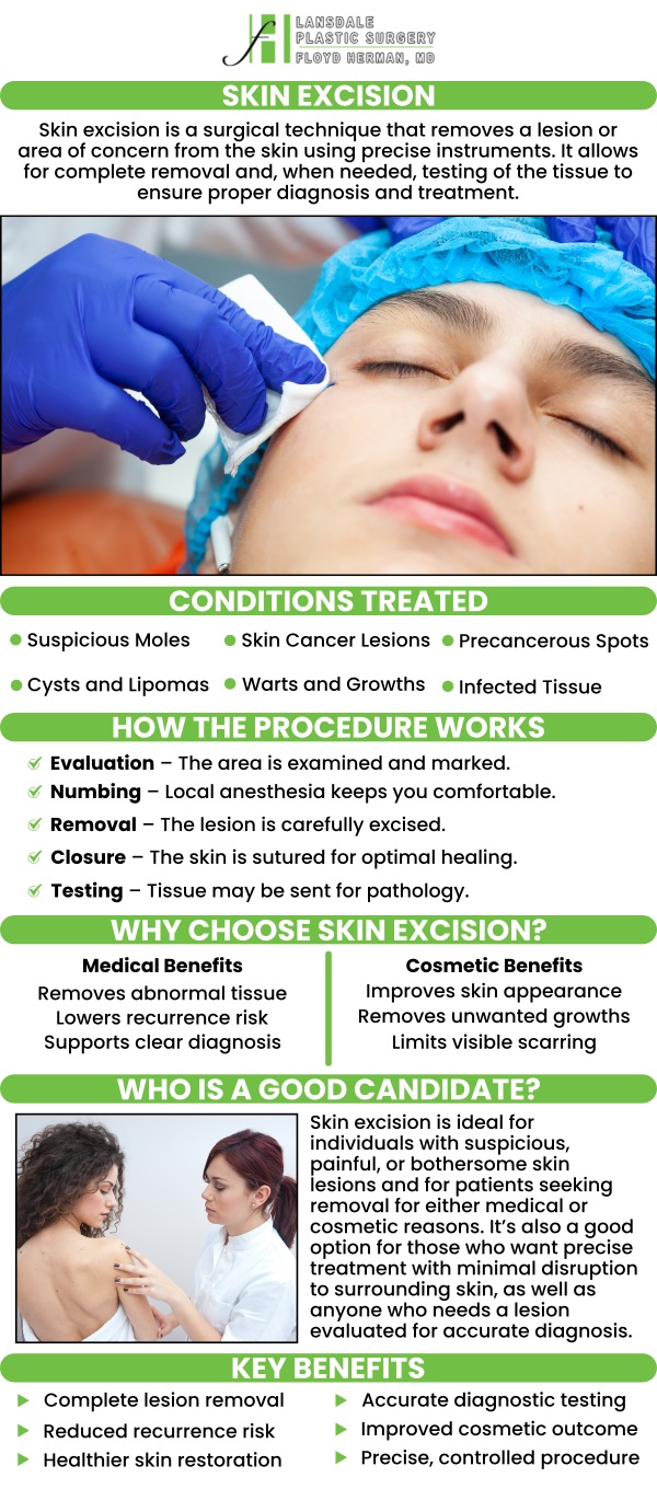 Skin excisions involve the surgical removal of skin lesions or abnormal growths, ensuring clear margins to prevent recurrence. This procedure is commonly used to treat moles, cysts, and skin cancers, promoting healthy skin healing. Dr. Floyd Herman offers skin excision procedures at Lansdale Plastic Surgery. For more information, feel free to contact us or request an appointment online. We are conveniently located at 2405 North Broad Street, Colmar, PA 18915.