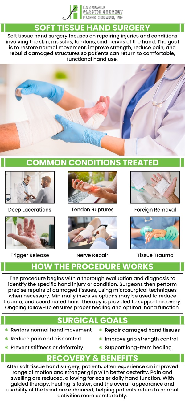 Soft tissue hand surgery addresses injuries and conditions affecting tendons, ligaments, nerves, and soft structures of the hand. At Lansdale Plastic Surgery, Dr. Floyd Herman, MD, provides precise surgical care designed to restore function, reduce pain, and improve mobility. With advanced techniques and a patient-centered approach, he ensures each individual receives personalized treatment and supportive follow-up for optimal recovery. For more information, contact us today or book an appointment online. We are conveniently located at 2405 North Broad Street, Colmar, PA 18915.
