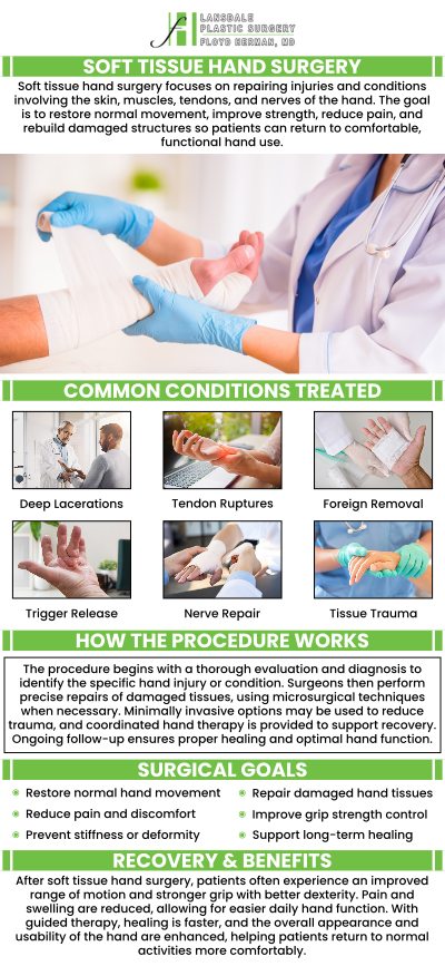 Soft tissue hand surgery addresses injuries and conditions affecting tendons, ligaments, nerves, and soft structures of the hand. At Lansdale Plastic Surgery, Dr. Floyd Herman, MD, provides precise surgical care designed to restore function, reduce pain, and improve mobility. With advanced techniques and a patient-centered approach, he ensures each individual receives personalized treatment and supportive follow-up for optimal recovery. For more information, contact us today or book an appointment online. We are conveniently located at 2405 North Broad Street, Colmar, PA 18915.