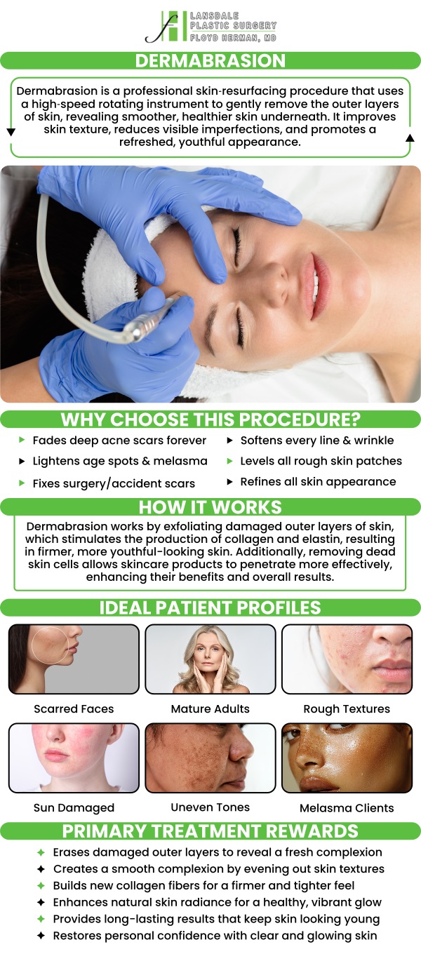 Dermabrasion is a skin-resurfacing process that uses a fast-moving instrument to remove the outer layer of skin. Dermabrasion can reduce the appearance of fine facial lines and improve the appearance of many skin flaws, including acne scars, surgical scars, age spots, and wrinkles. If you're suffering from scars as a result of surgery, acne, or accident, or have melasma or rough spots, dermabrasion can treat that. Talk to Floyd Herman, MD, and his skilled team at Lansdale Plastic Surgery to learn more about the procedure. For more information, contact us today or book an appointment online. We are conveniently located at 2405 North Broad Street, Colmar, PA 18915.